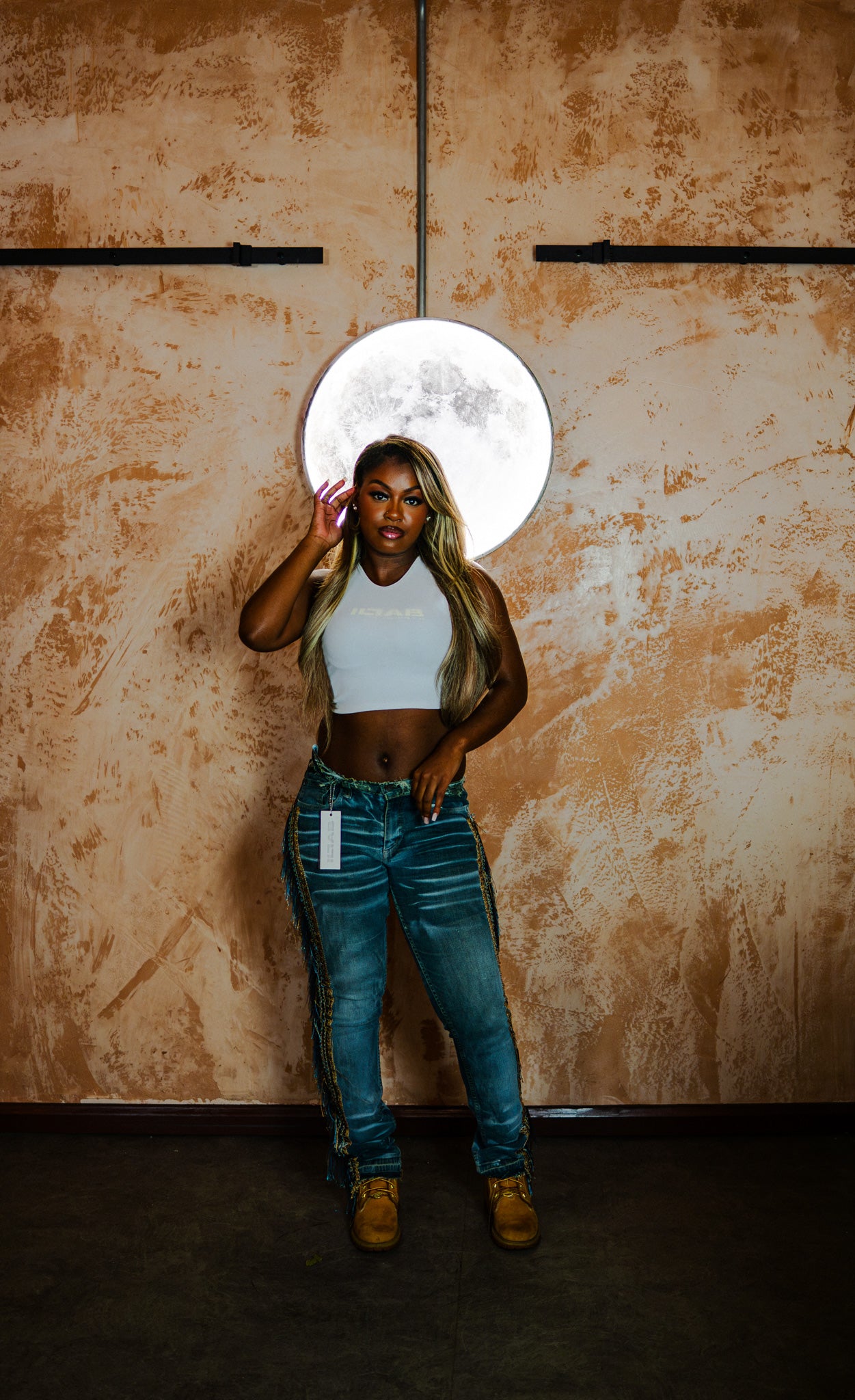 e. WOMENS TINSEL PANEL DENIM