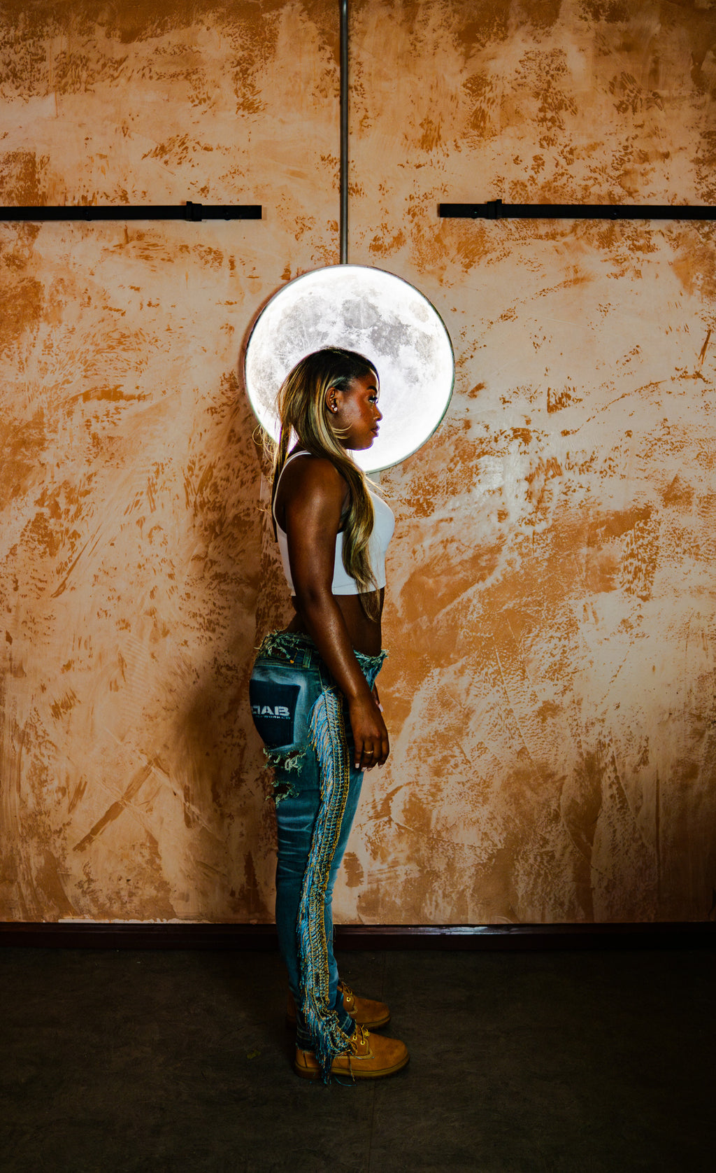 e. WOMENS TINSEL PANEL DENIM